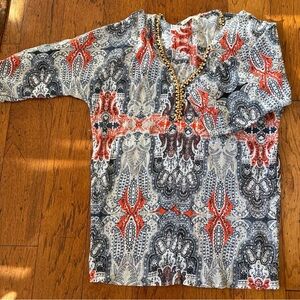 Joie A La Plage Lrg Blue/Gray Paisley Beaded Blouse Top Beach Pool Coverup EPOC